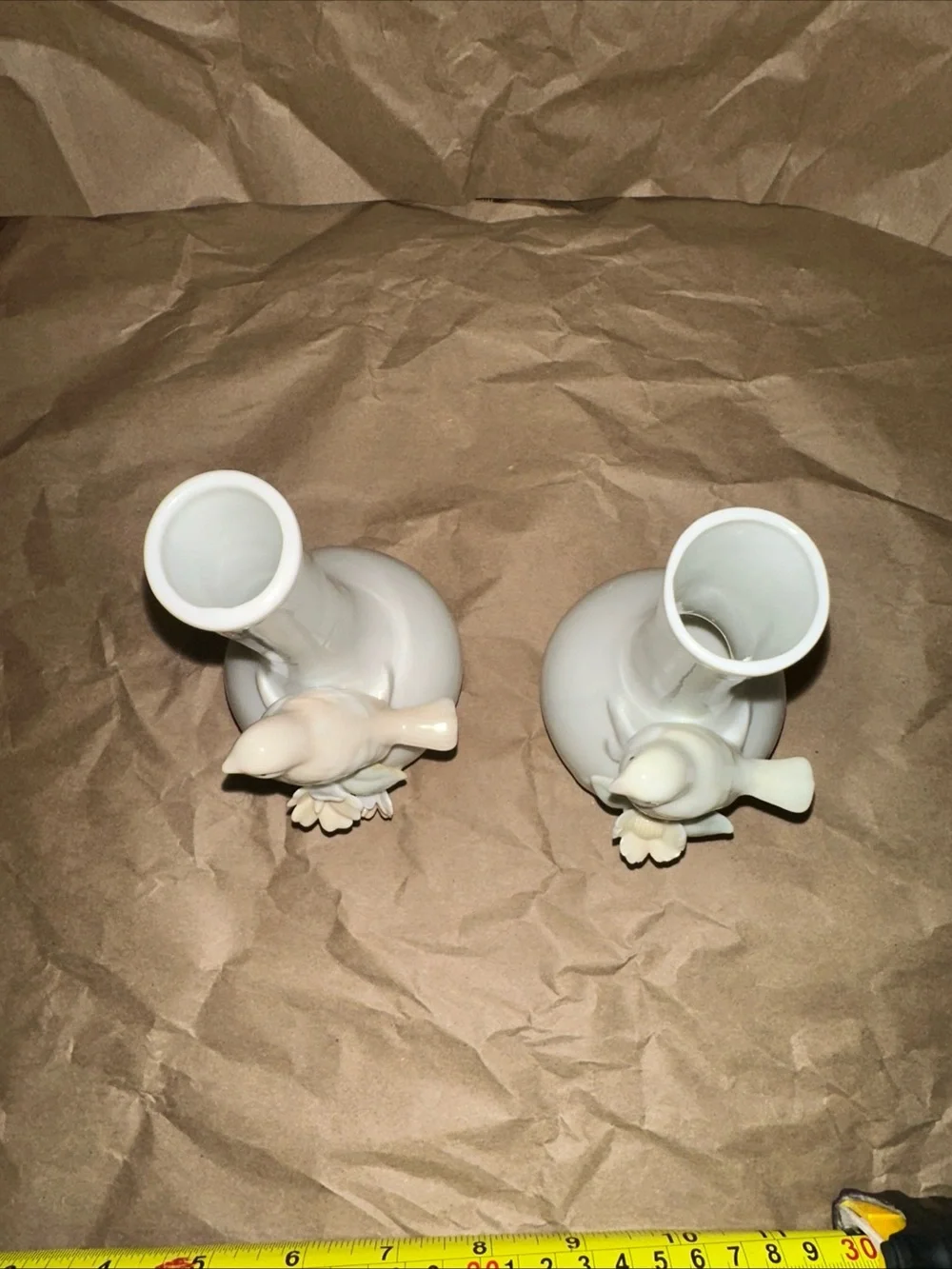 1985 Porcelain Bird Bud Vases in White - Set of 2 made in Taiwan